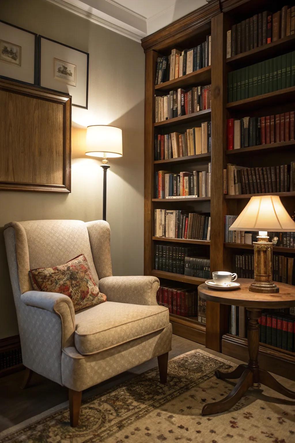 A reading nook provides a tranquil retreat.