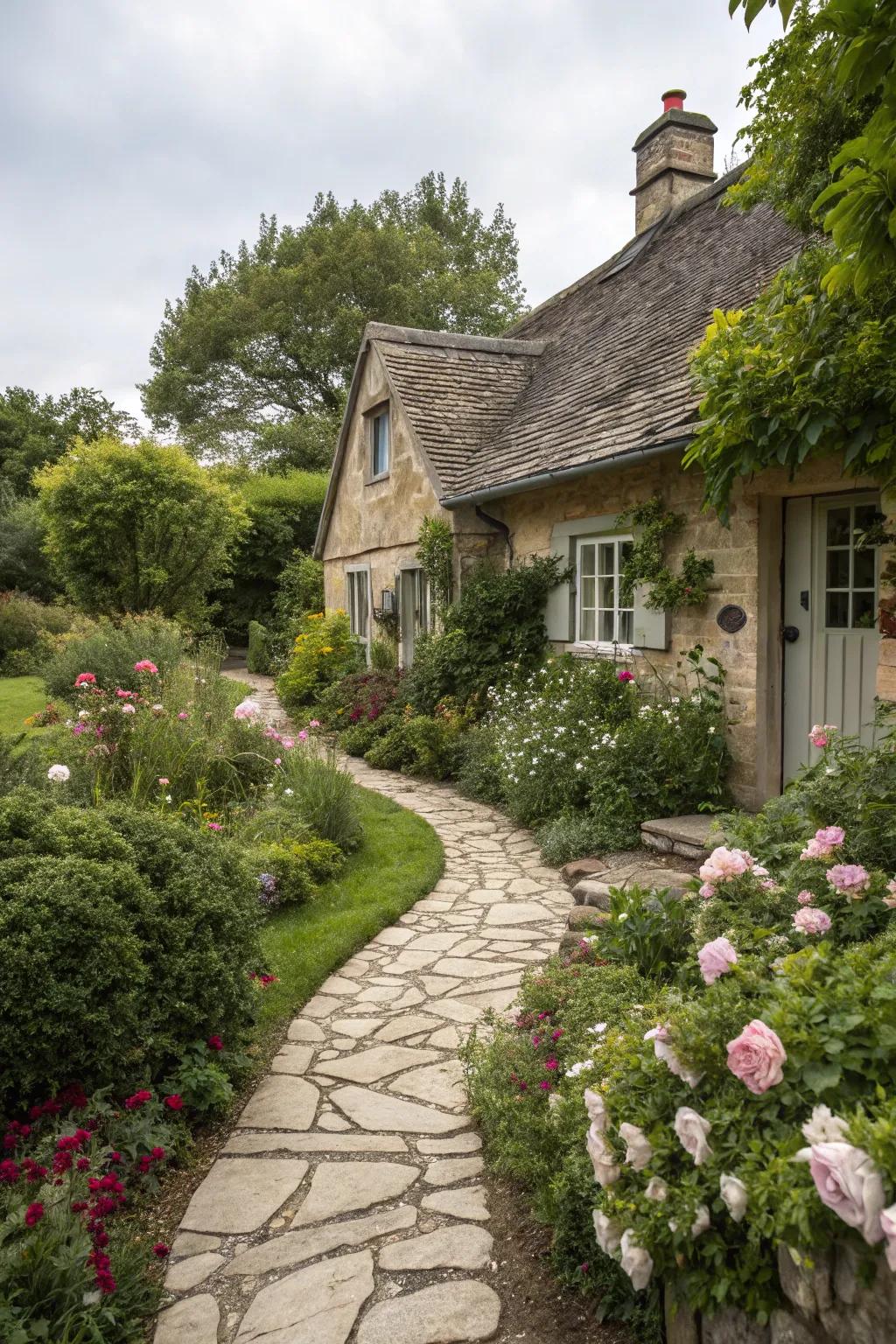 Stone pathways guide visitors through a charming garden to the cottage.