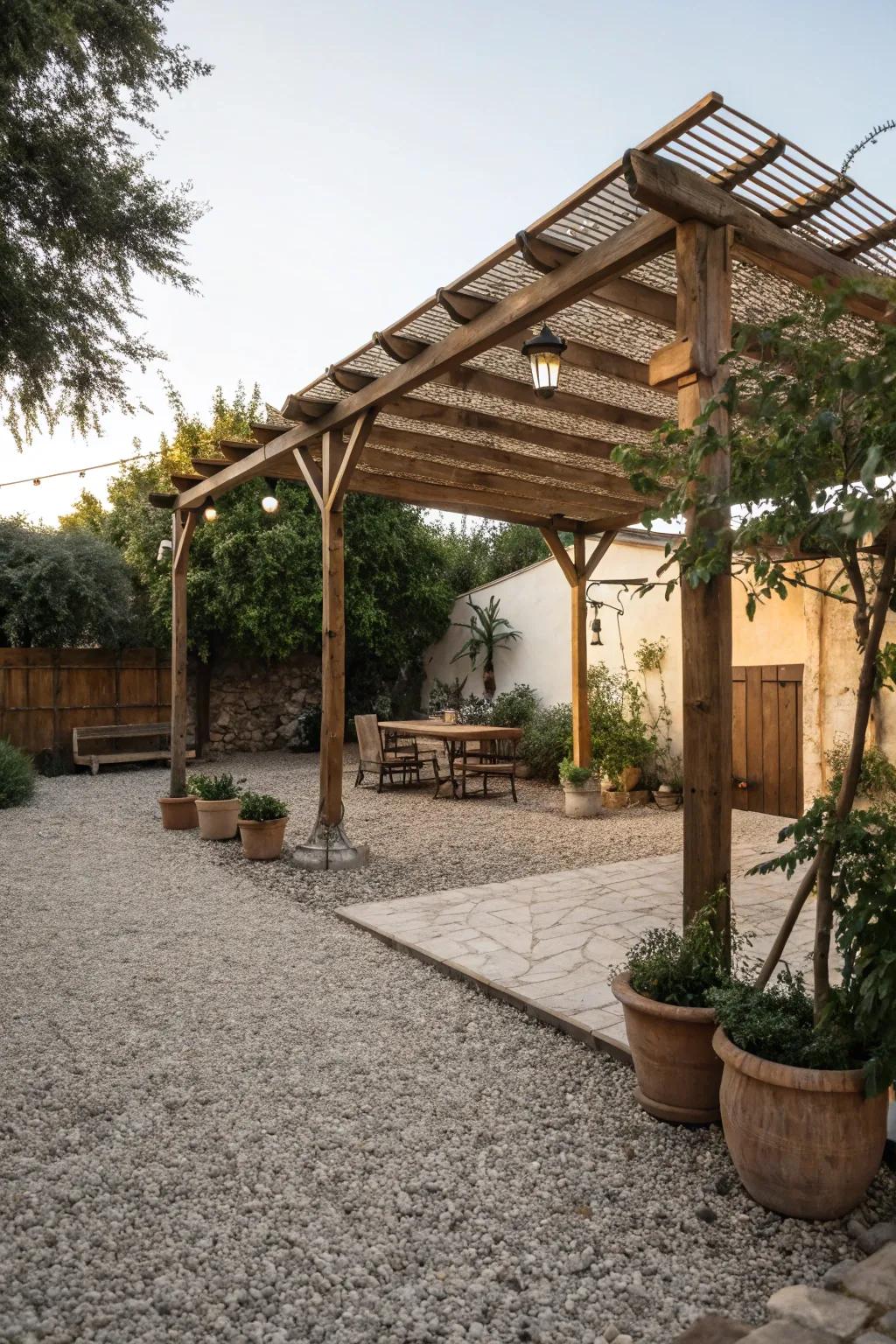 A rustic wooden structure adds charm and shade to the courtyard.