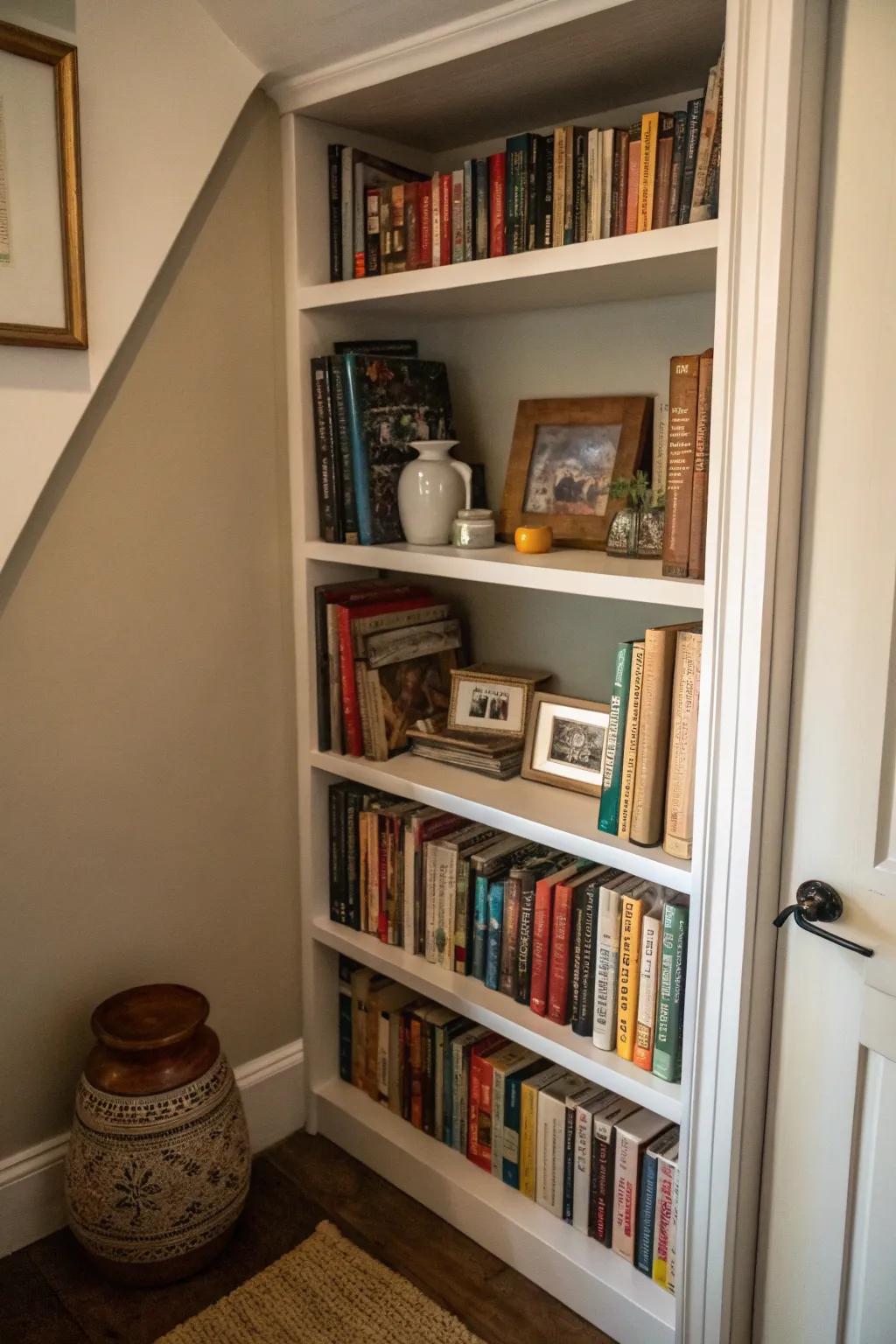 Narrow shelves make the most of tight spaces for book storage.