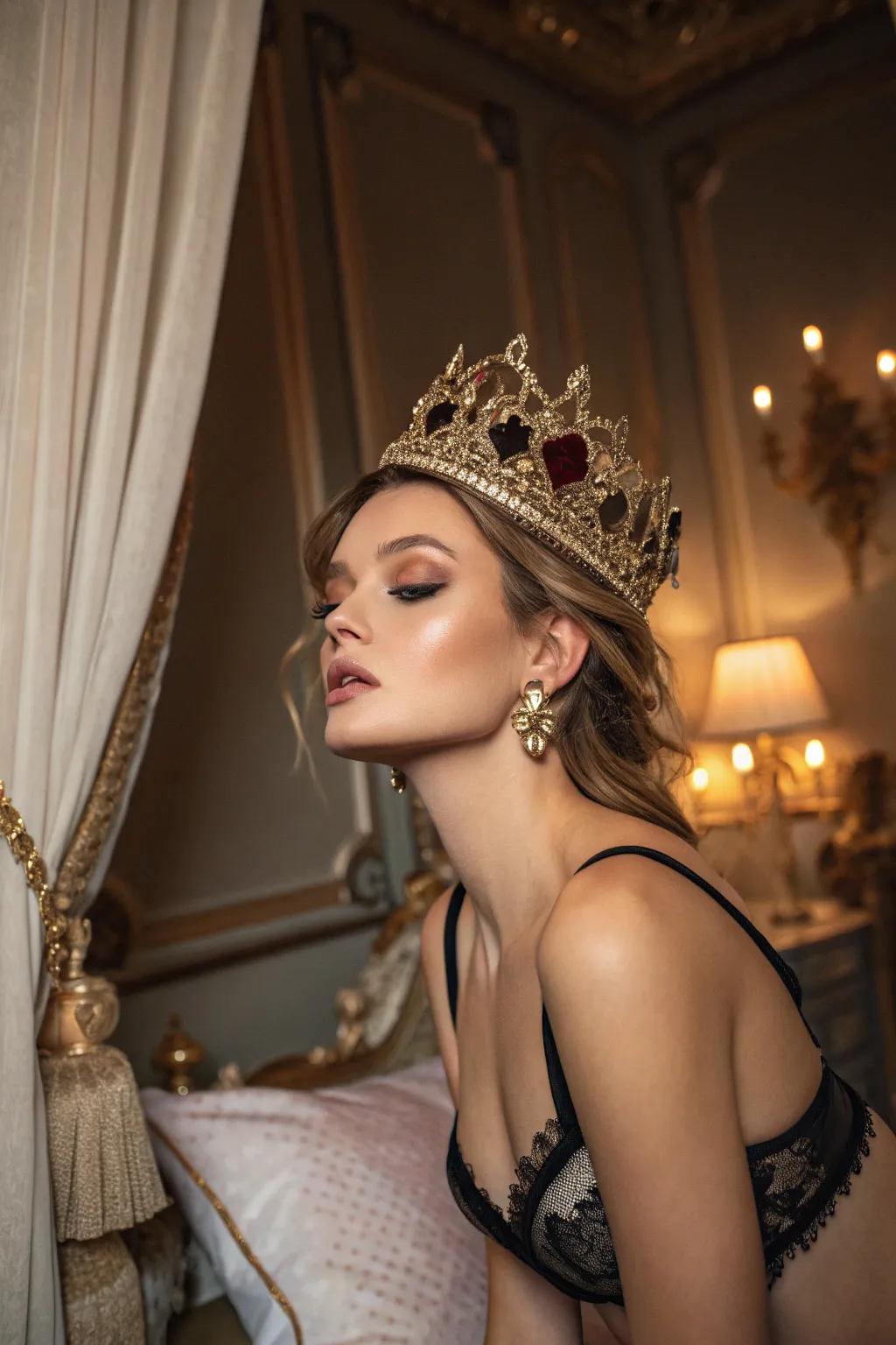 A theatrical crown adds a royal flair to the boudoir.