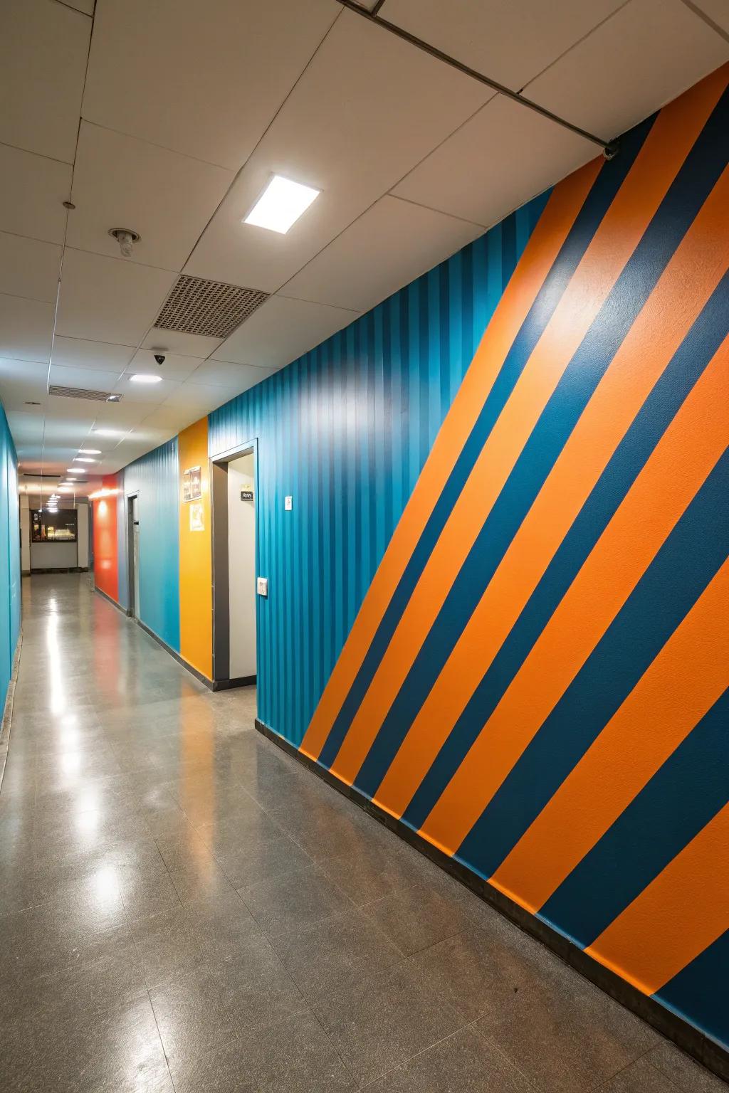 Diagonal stripes create a unique visual effect in this hallway.