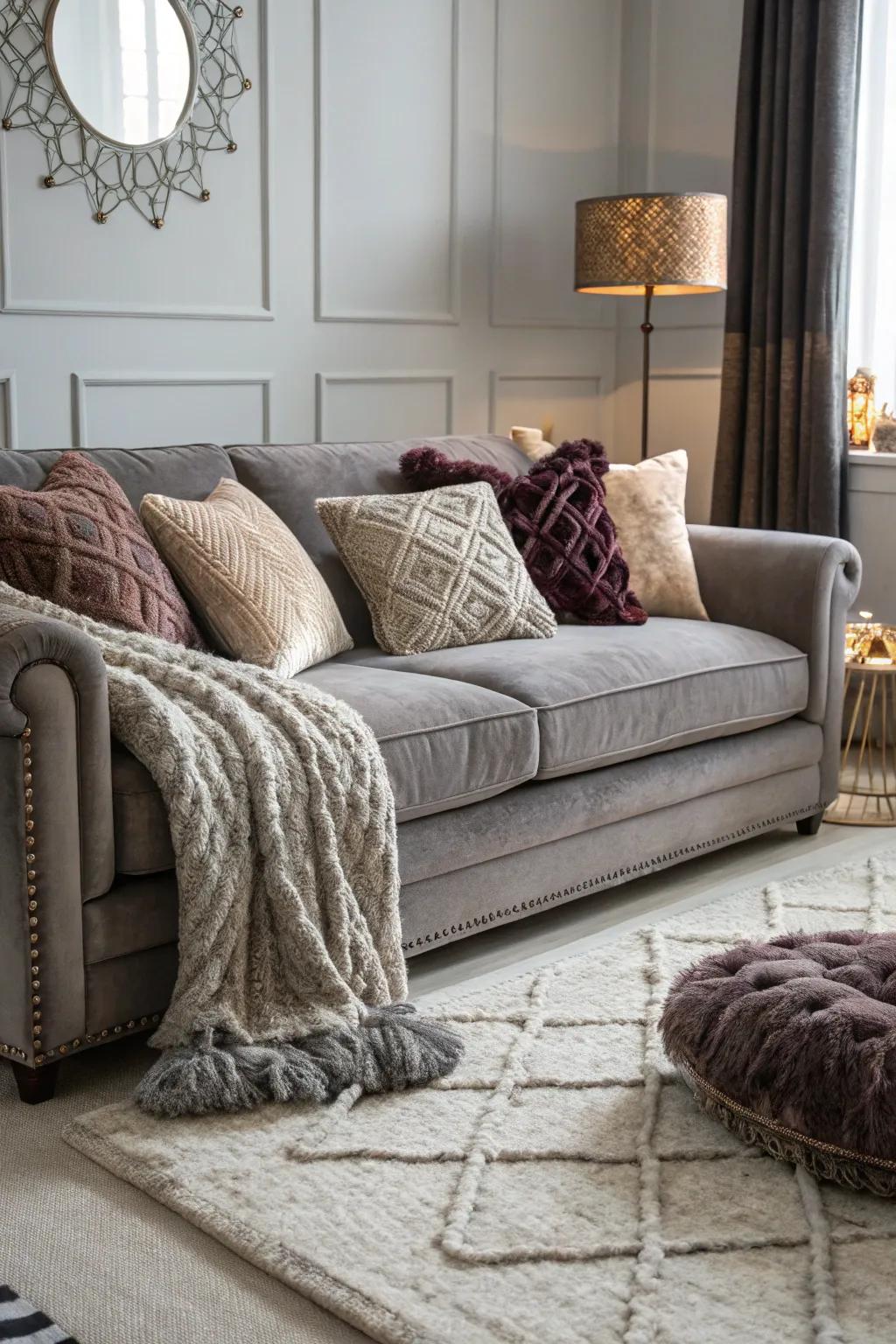 Mixing textures enhances the visual appeal of a grey sofa.