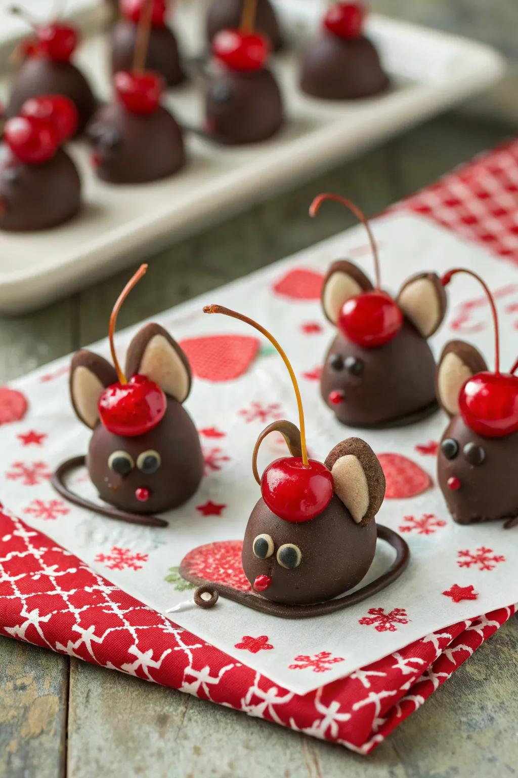 Delightful chocolate-dipped cherry rodents that add a playful twist to holiday treats.