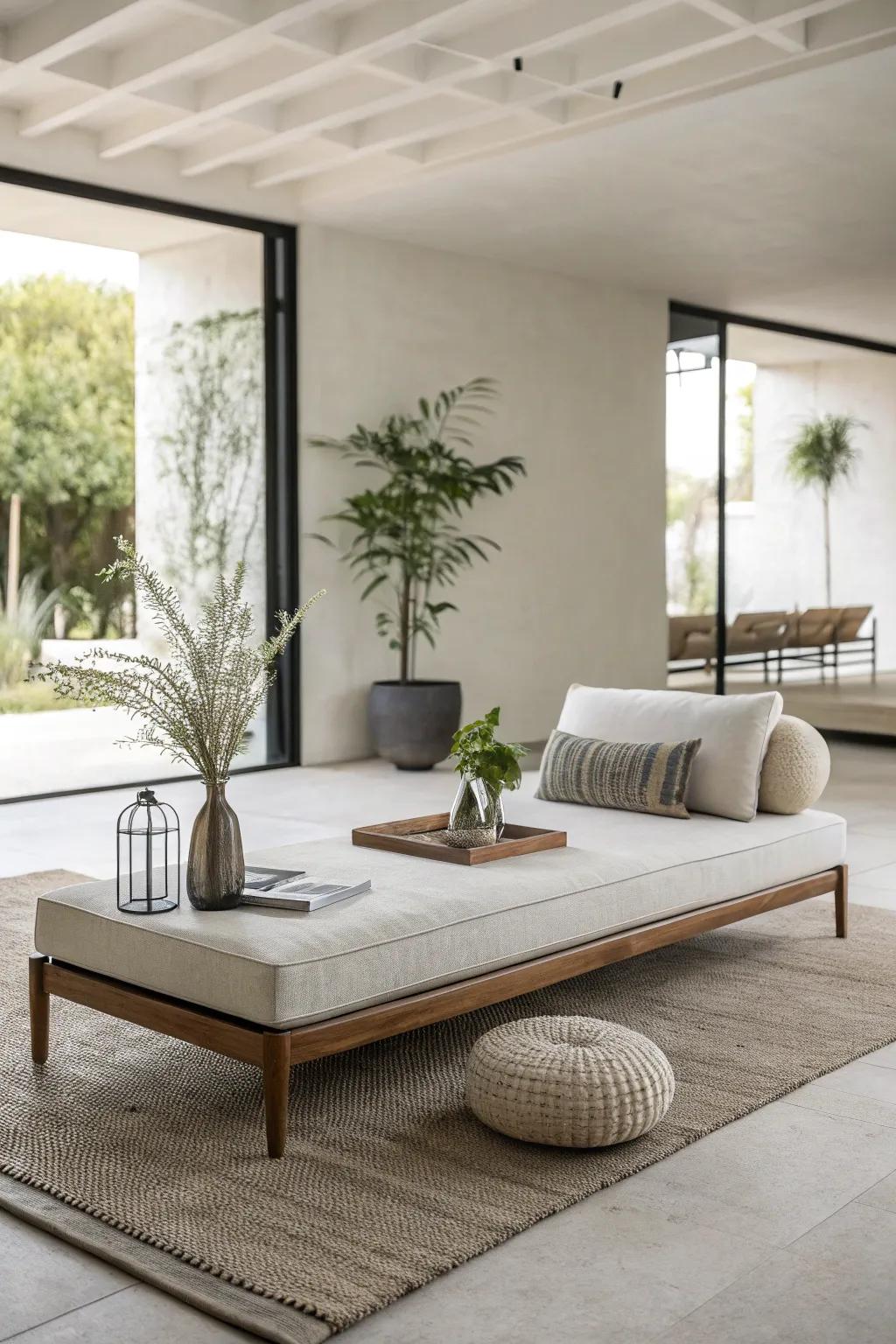 A minimalist daybed complements a streamlined living room.