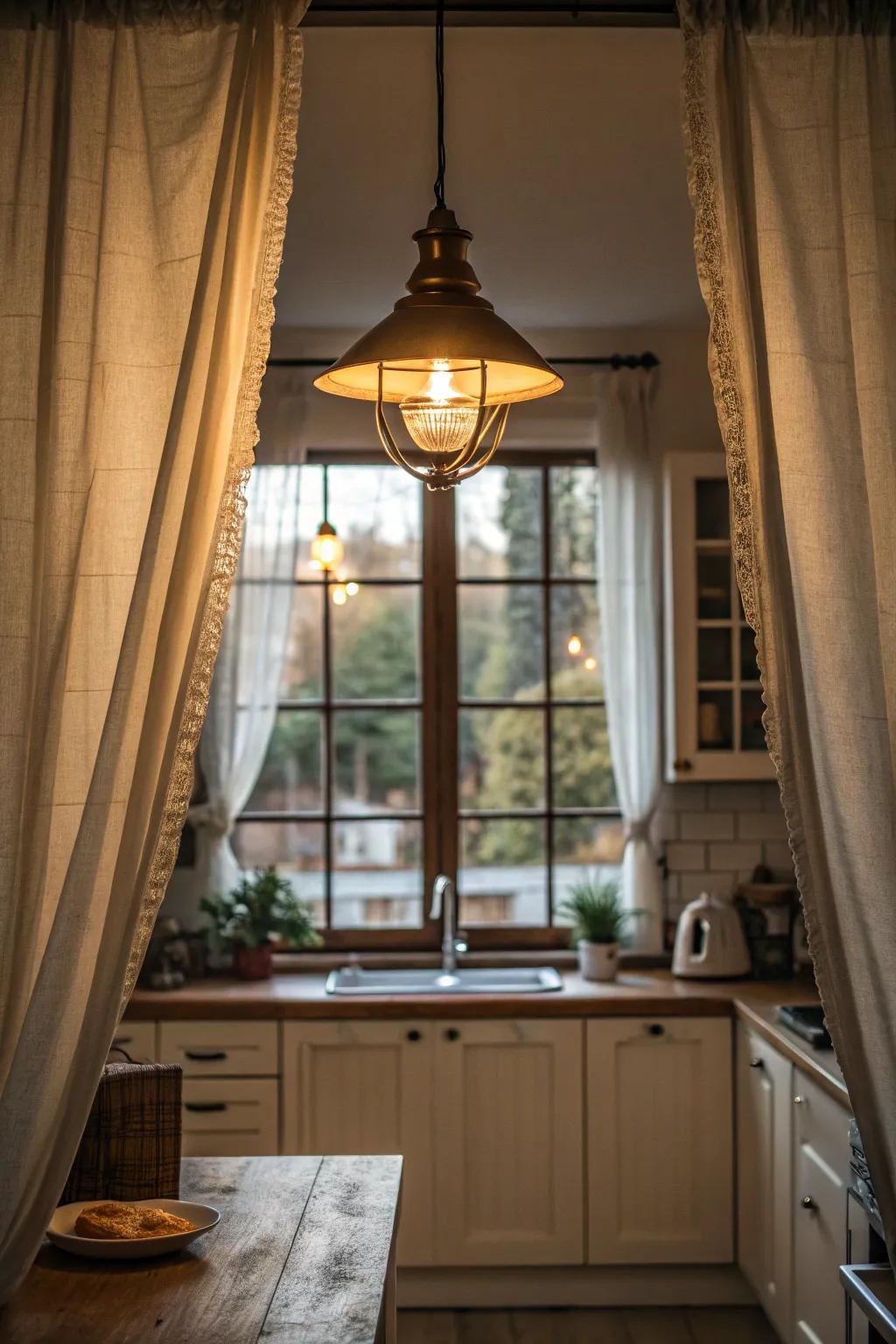 A pendant lamp adds warmth and style to the kitchen.