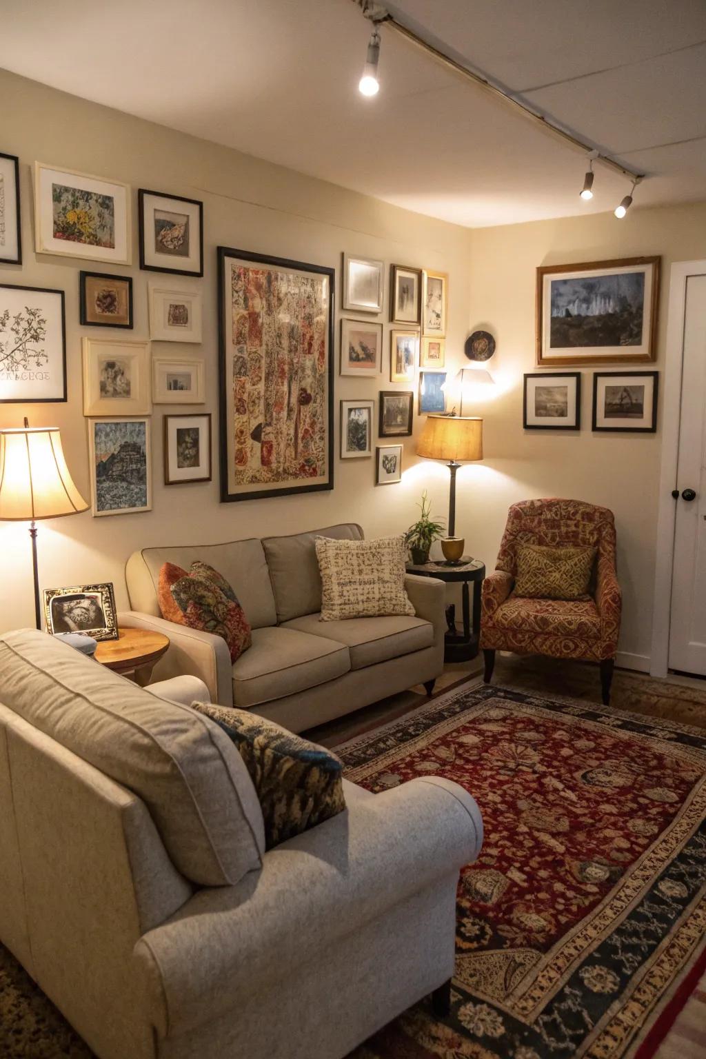 Artwork bringing personality to a cozy den.