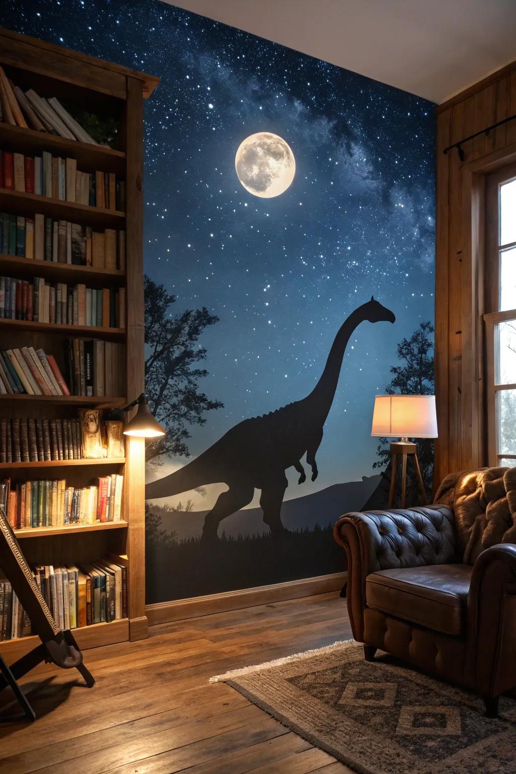 Mystical dinosaur and moonlit night painting