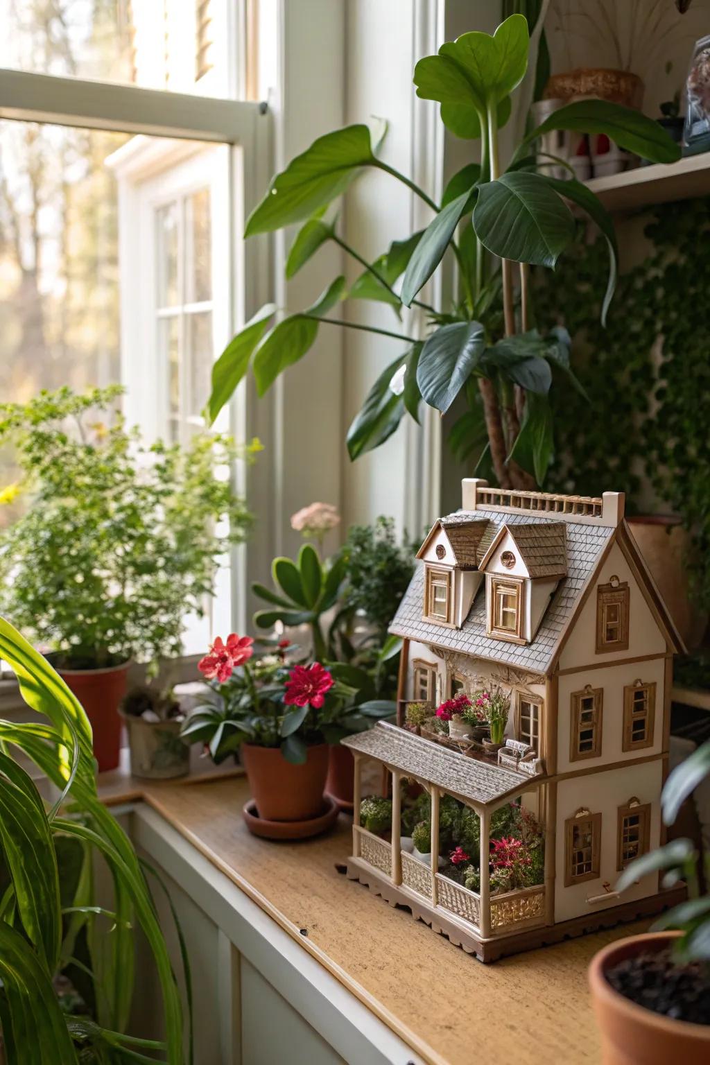 Natural elements complement a dollhouse display beautifully.