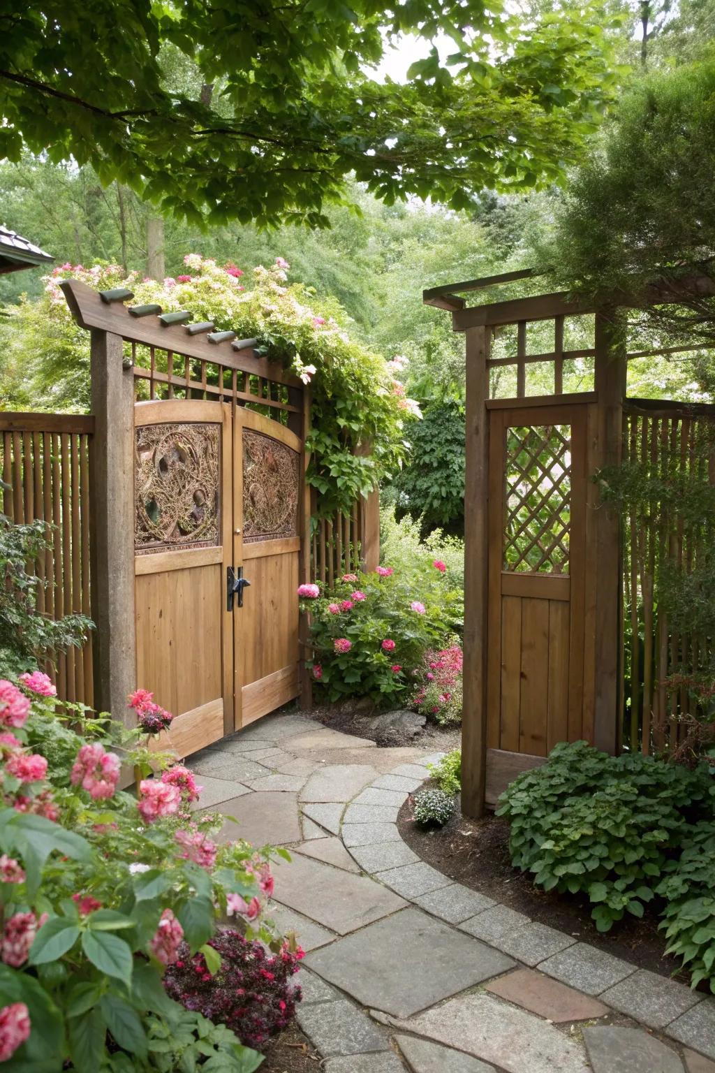 A double swing gate with seclusion screens fashioning a sheltered garden hideaway.