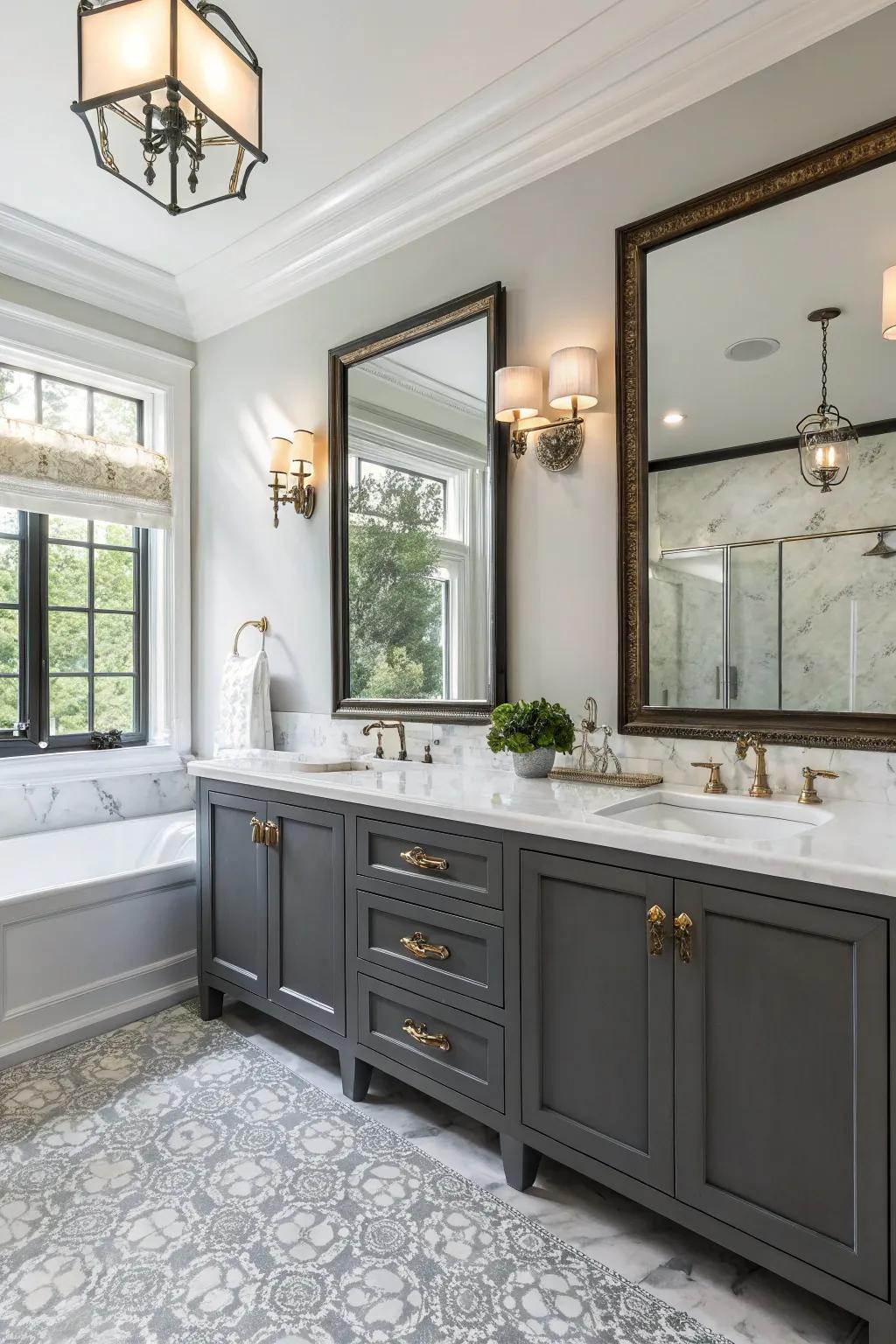 A blend of modern and classic styles in a double vanity bathroom.