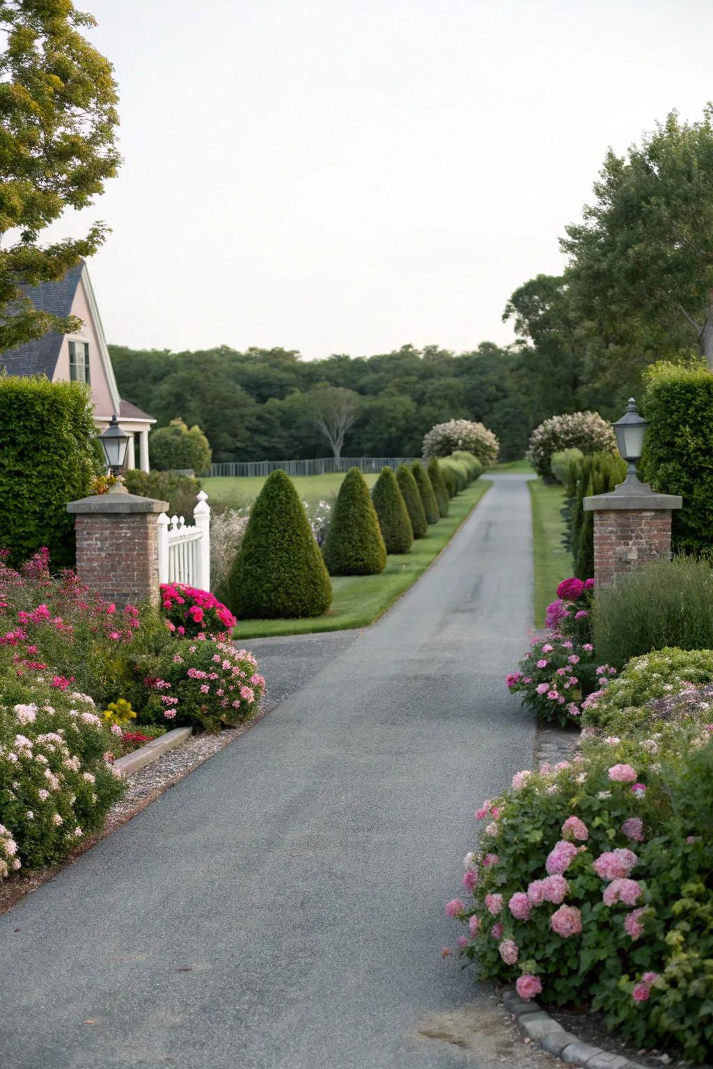 Symmetrical plantings provide balance and harmony to the entrance.