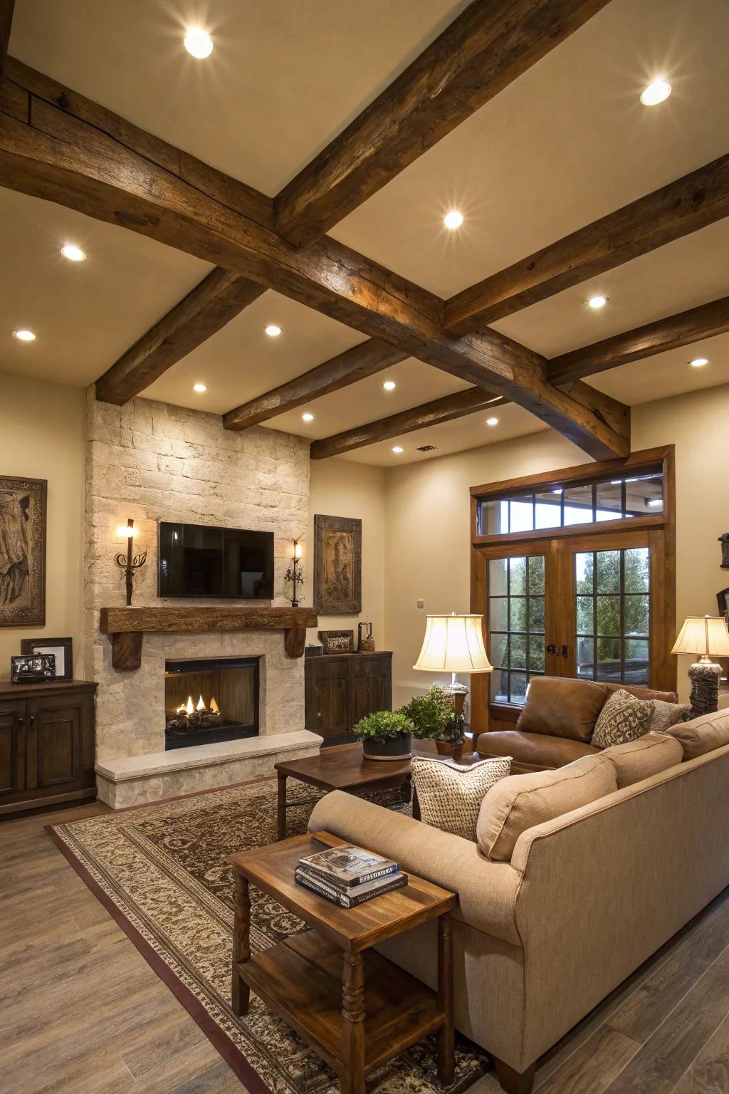 Wooden ceiling accents offer warmth and texture.