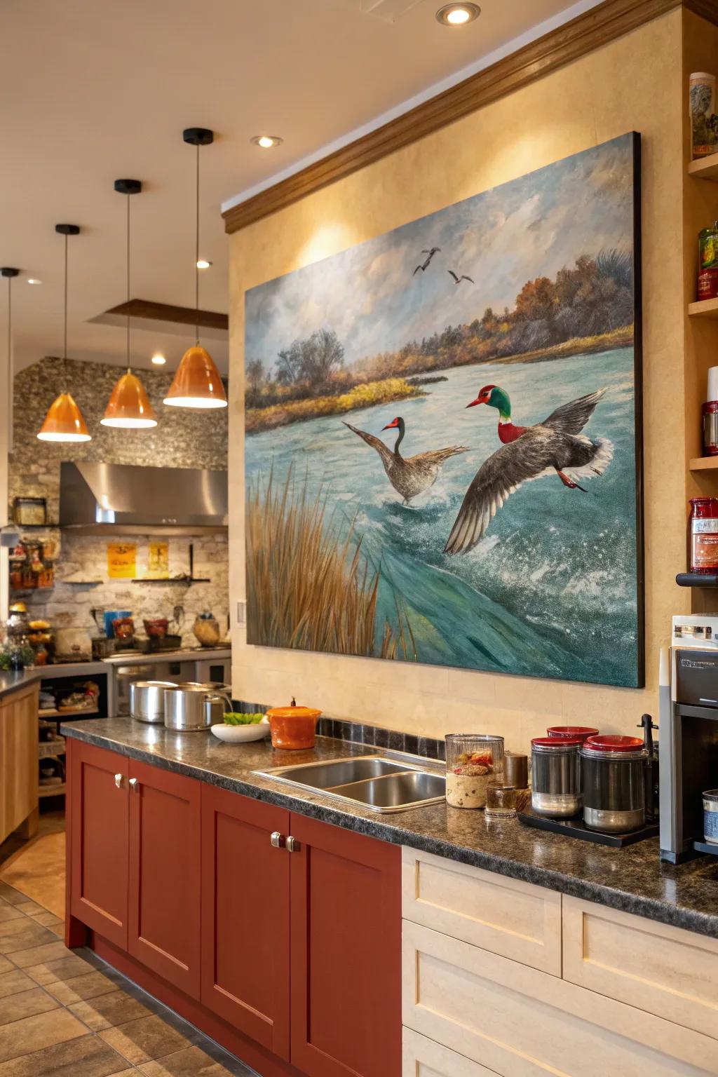 A duck in motion painting adds dynamic energy to any room.