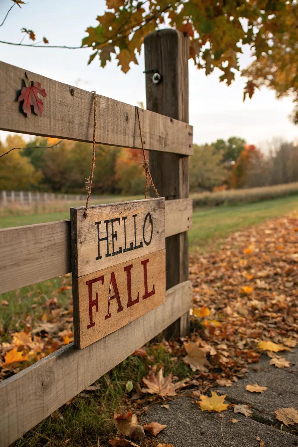 A wooden sign with a welcoming fall message adds charm to the fence.