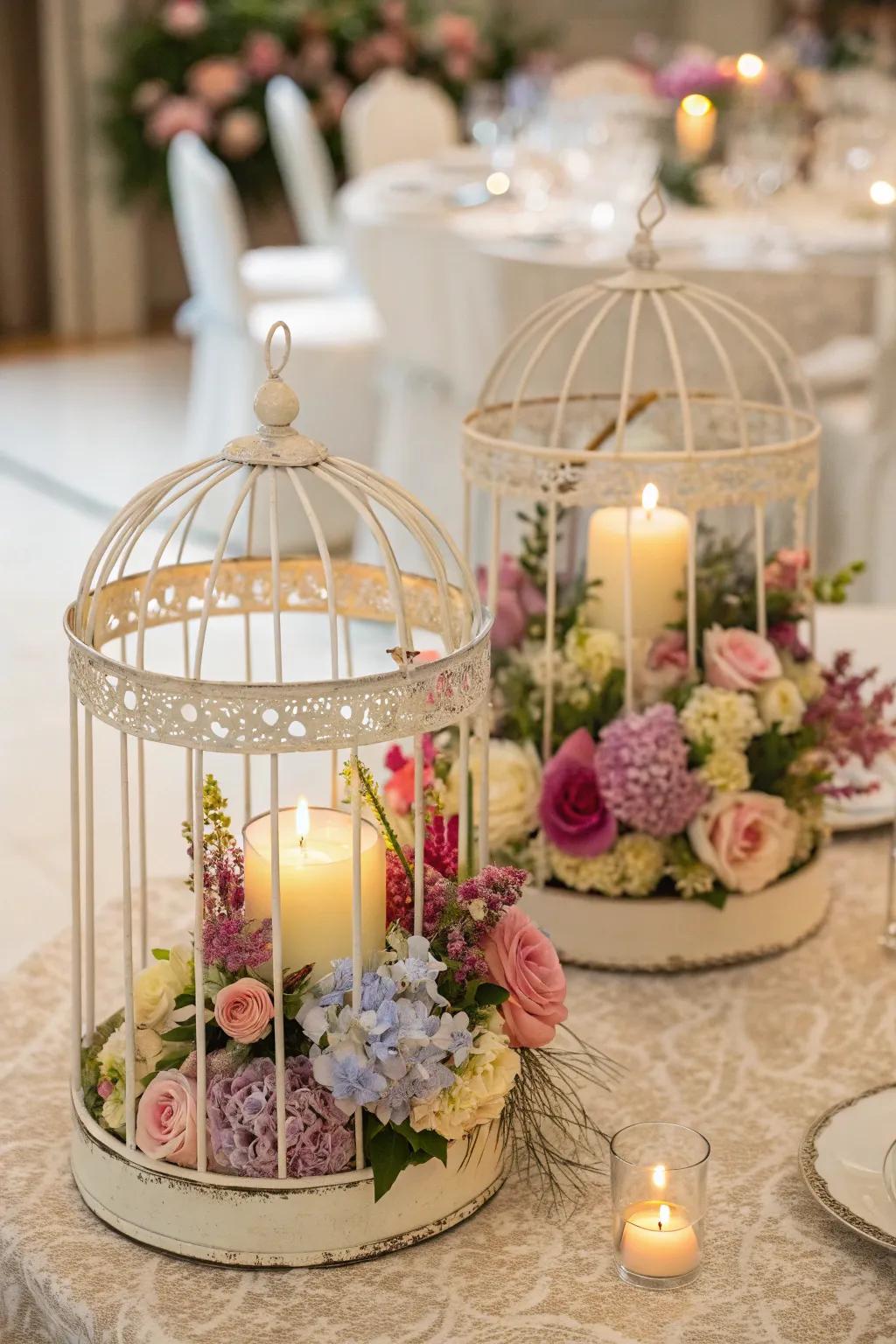 Vintage birdcages filled with flowers and candles offer a whimsical touch to this fall wedding setting.