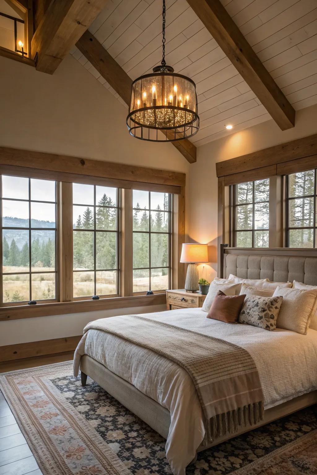 The room is enhanced with both natural and soft, warm lighting.