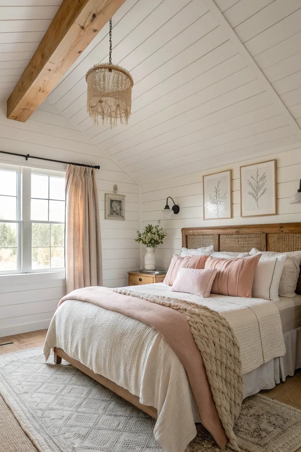 Painted shiplap ceilings bring texture and charm to this farmhouse bedroom.