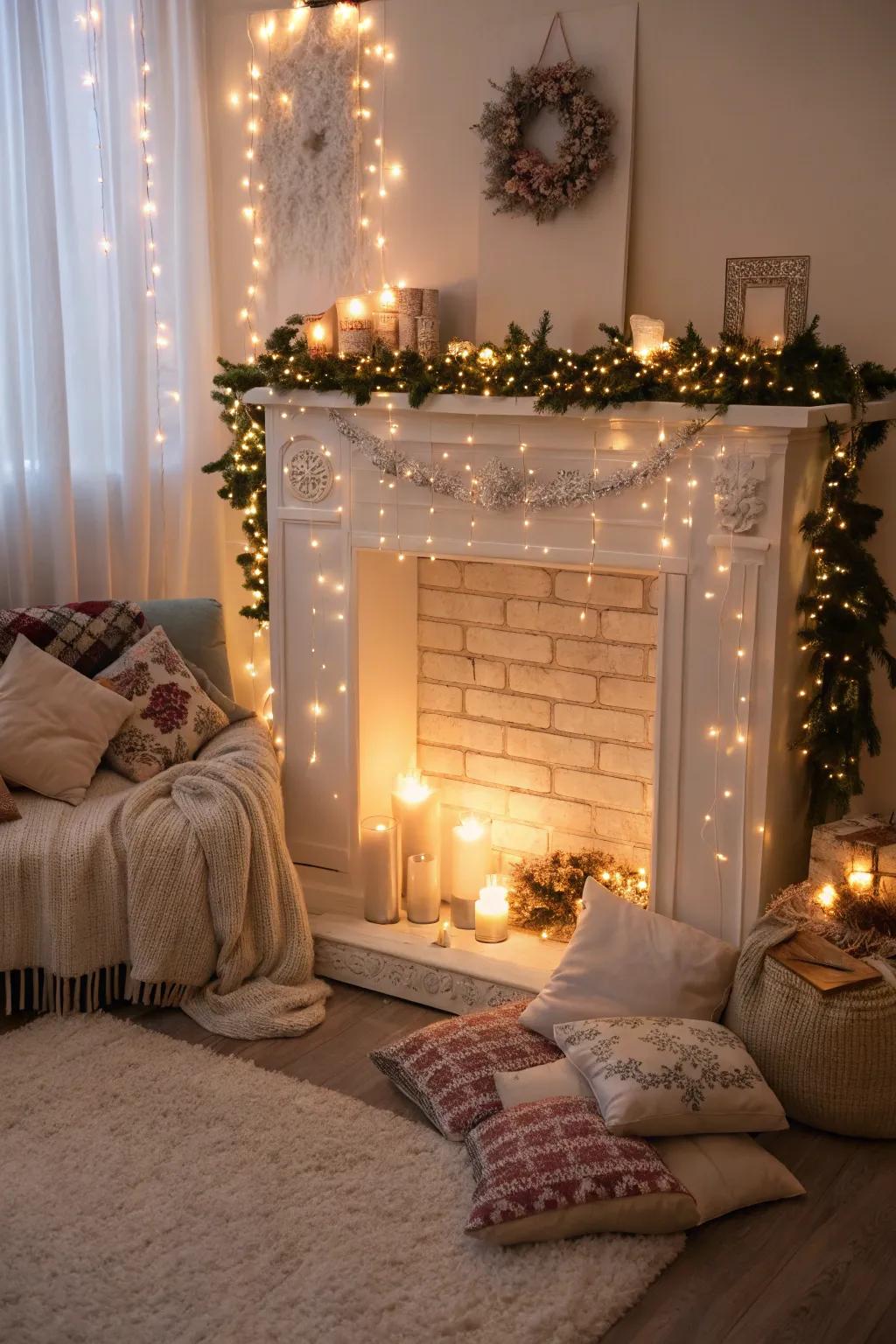 A faux fireplace sparkling with the magic of fairy lights.