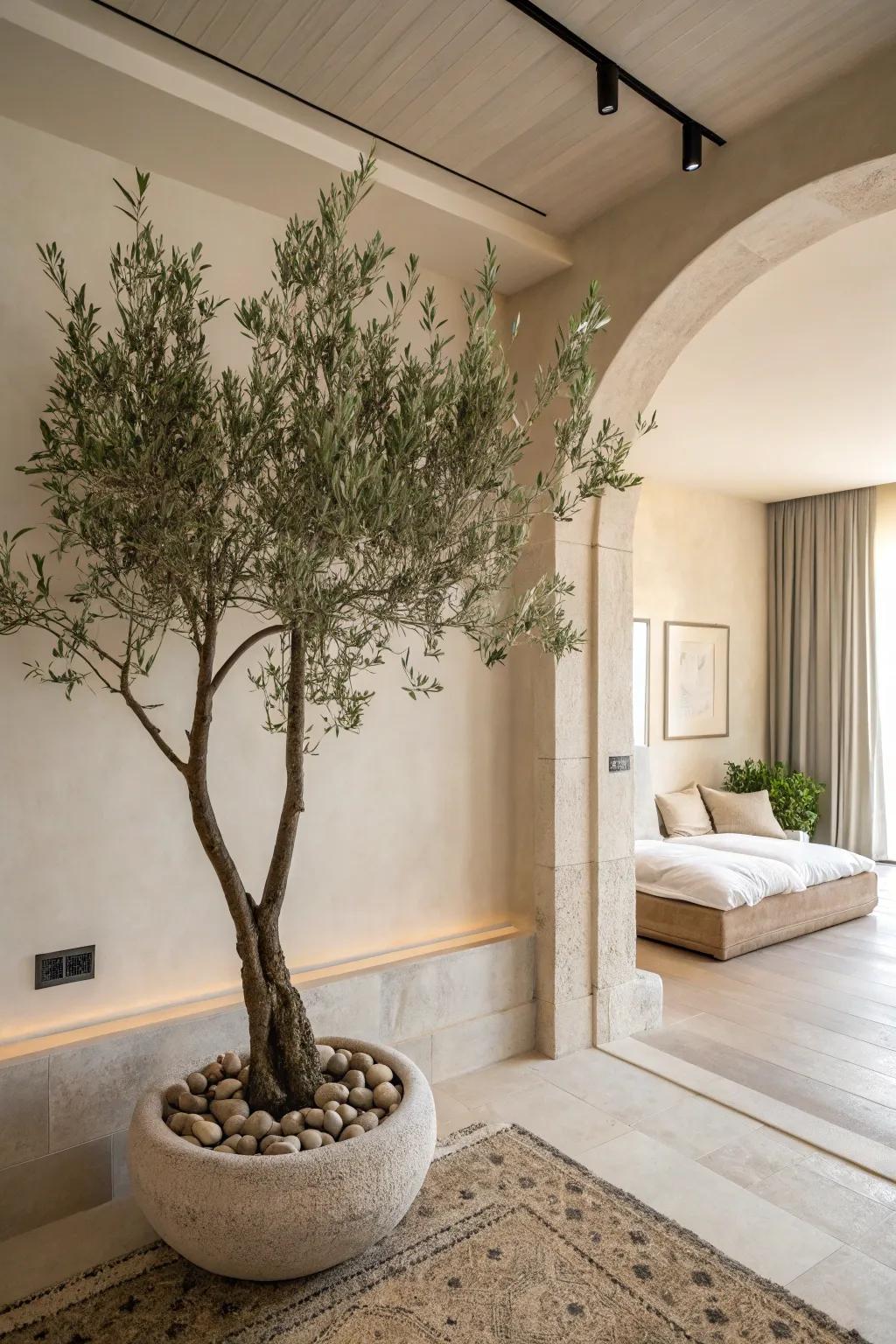 Highlight minimalist decor with a faux olive tree.