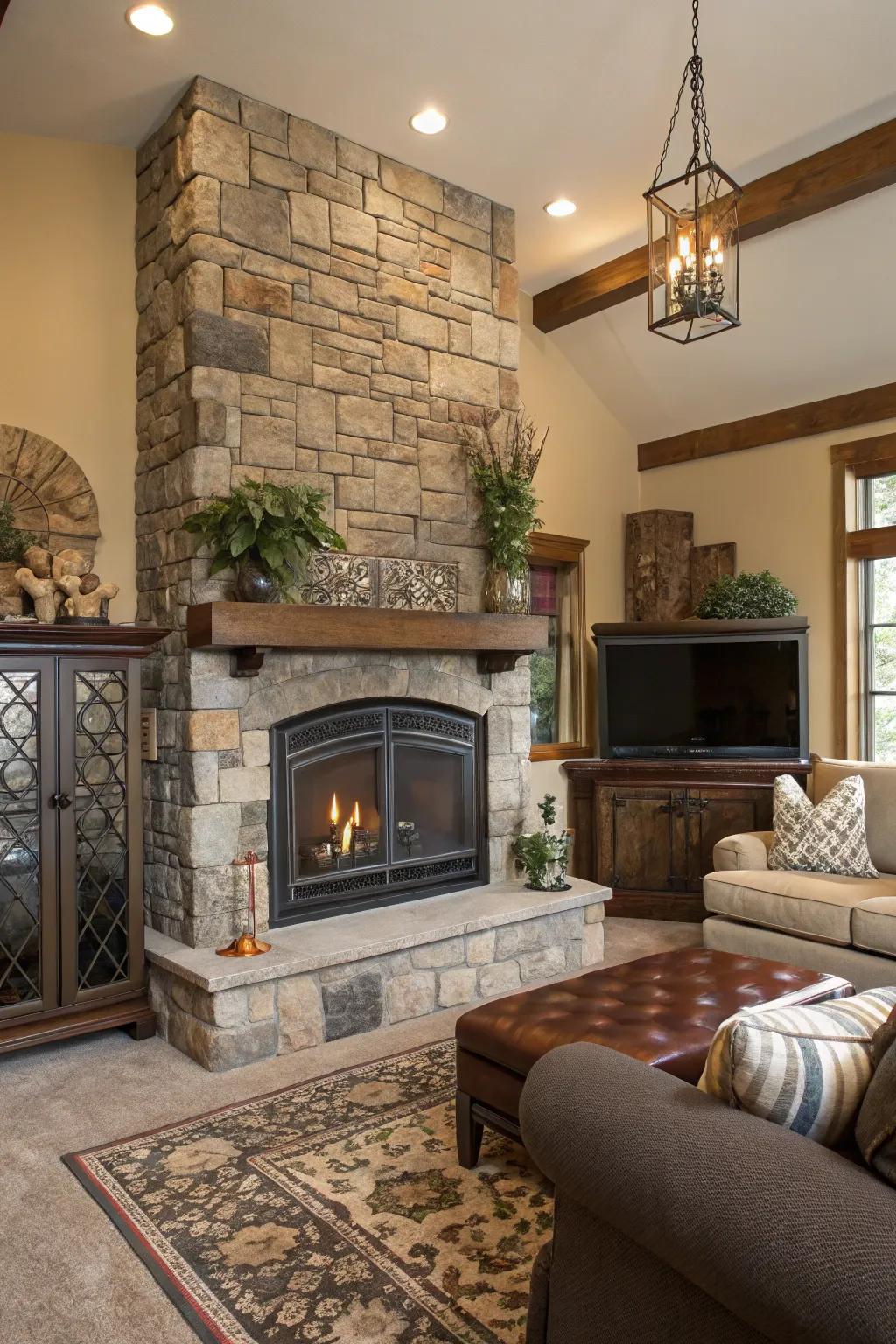 A textured living room featuring a central fireplace in contrasting stone and metal materials.