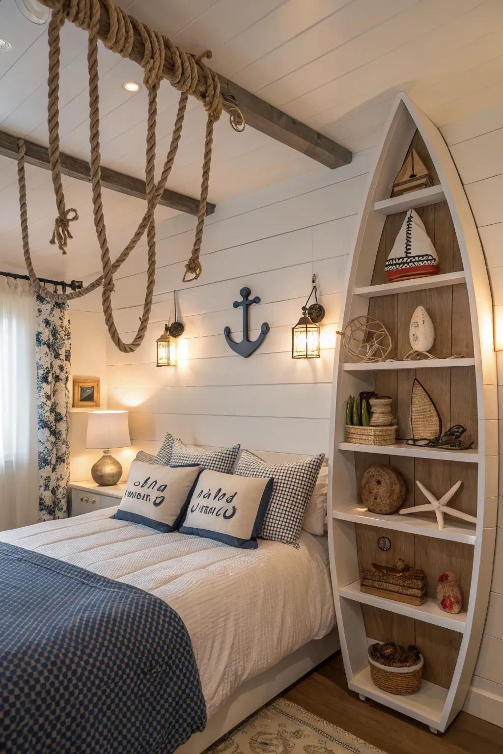 Boat-shaped furniture adds a playful nautical element.