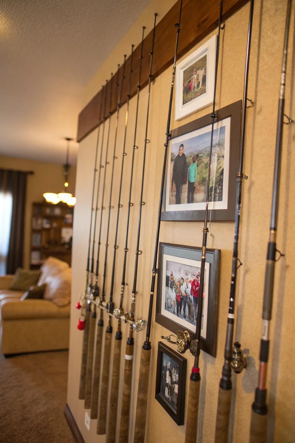 Fishing rods as frames make for a personal and storytelling display.