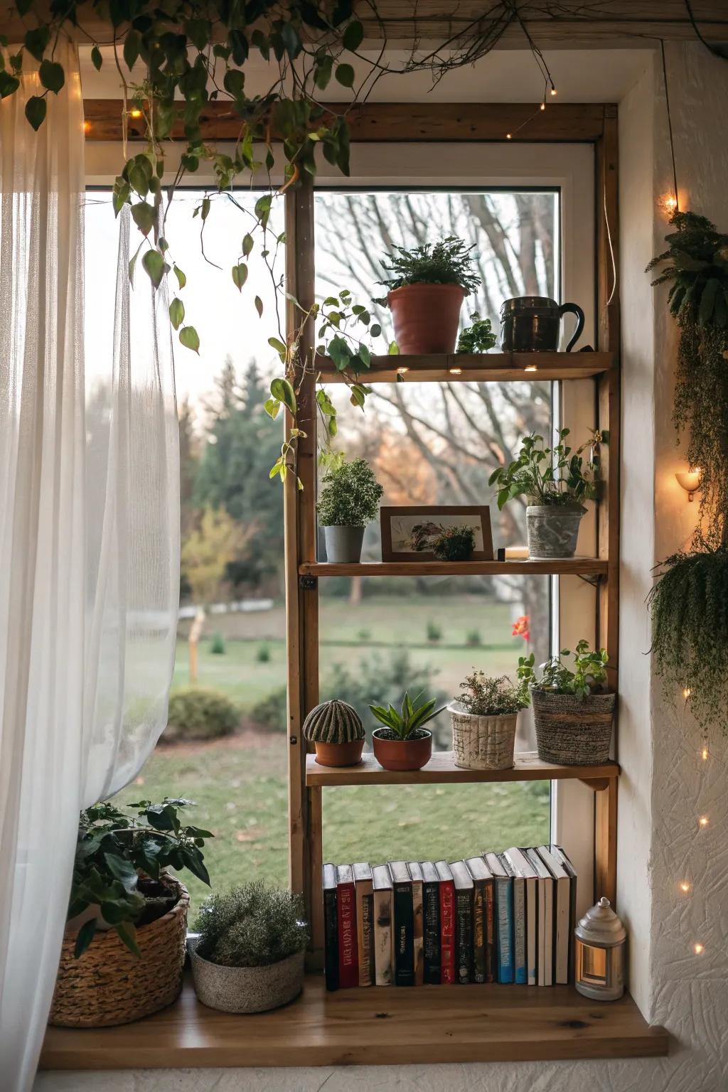 Floating shelves framing a window for a balanced aesthetic.