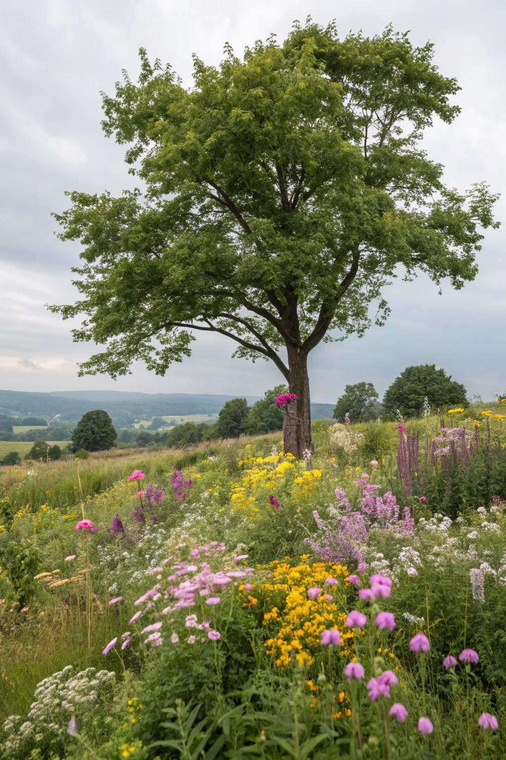 A wildflower garden around a tree, offering a haven for pollinators.