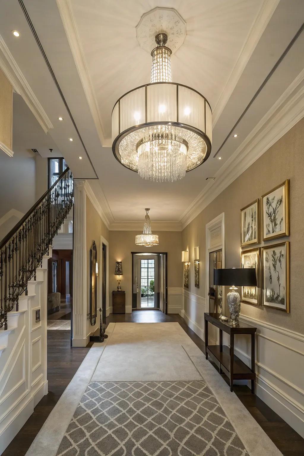 A stunning chandelier serving as the focal point of the foyer.