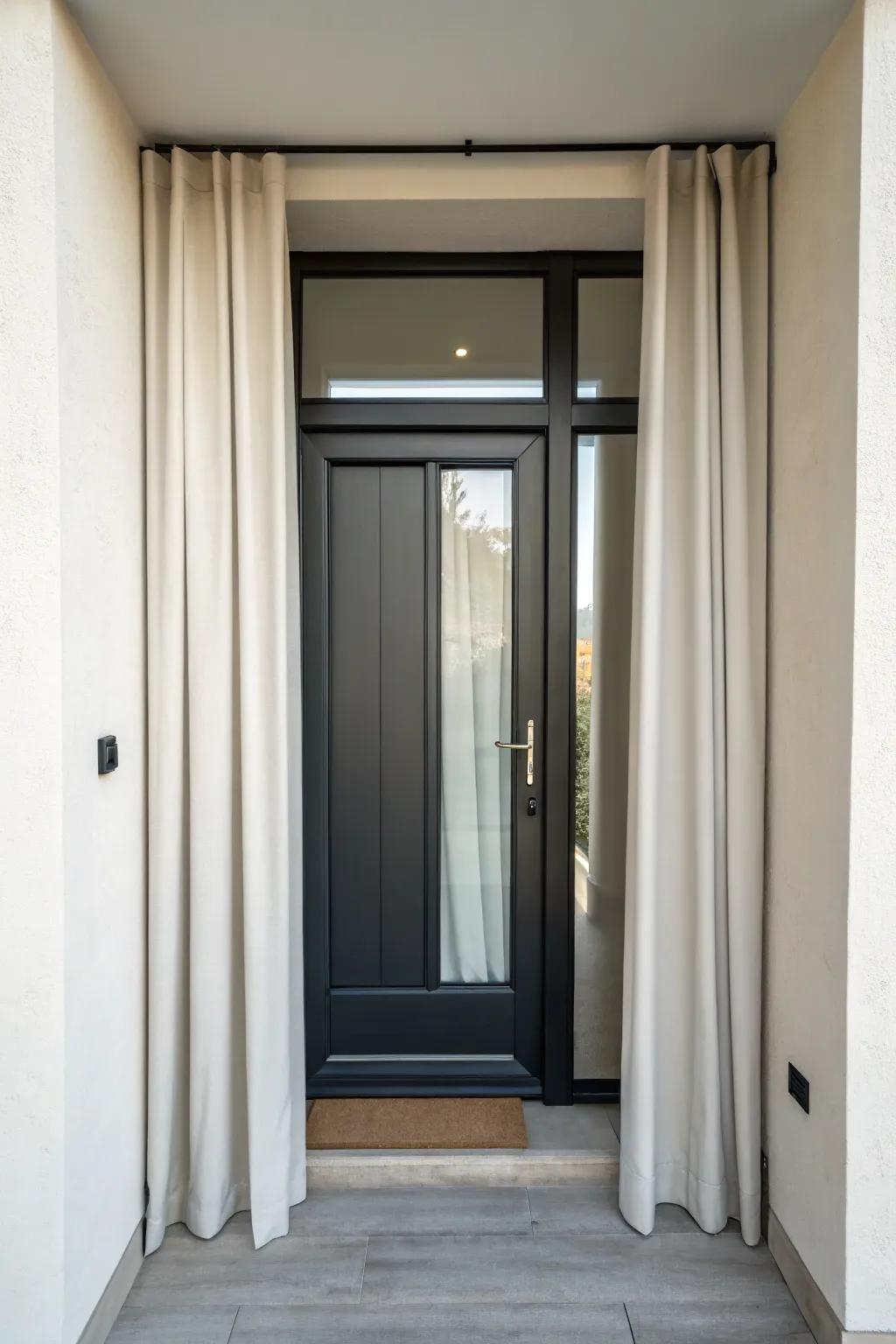 Minimalistic curtains enhancing a small entryway without clutter.