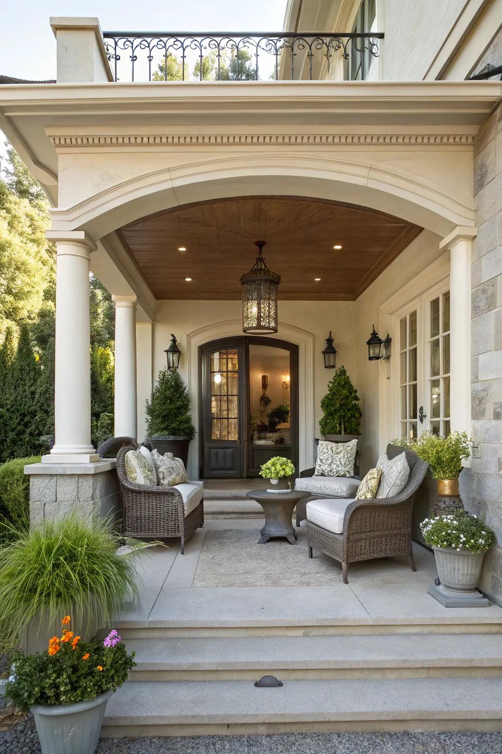 A covered porch that offers both shelter and a cozy place to relax.