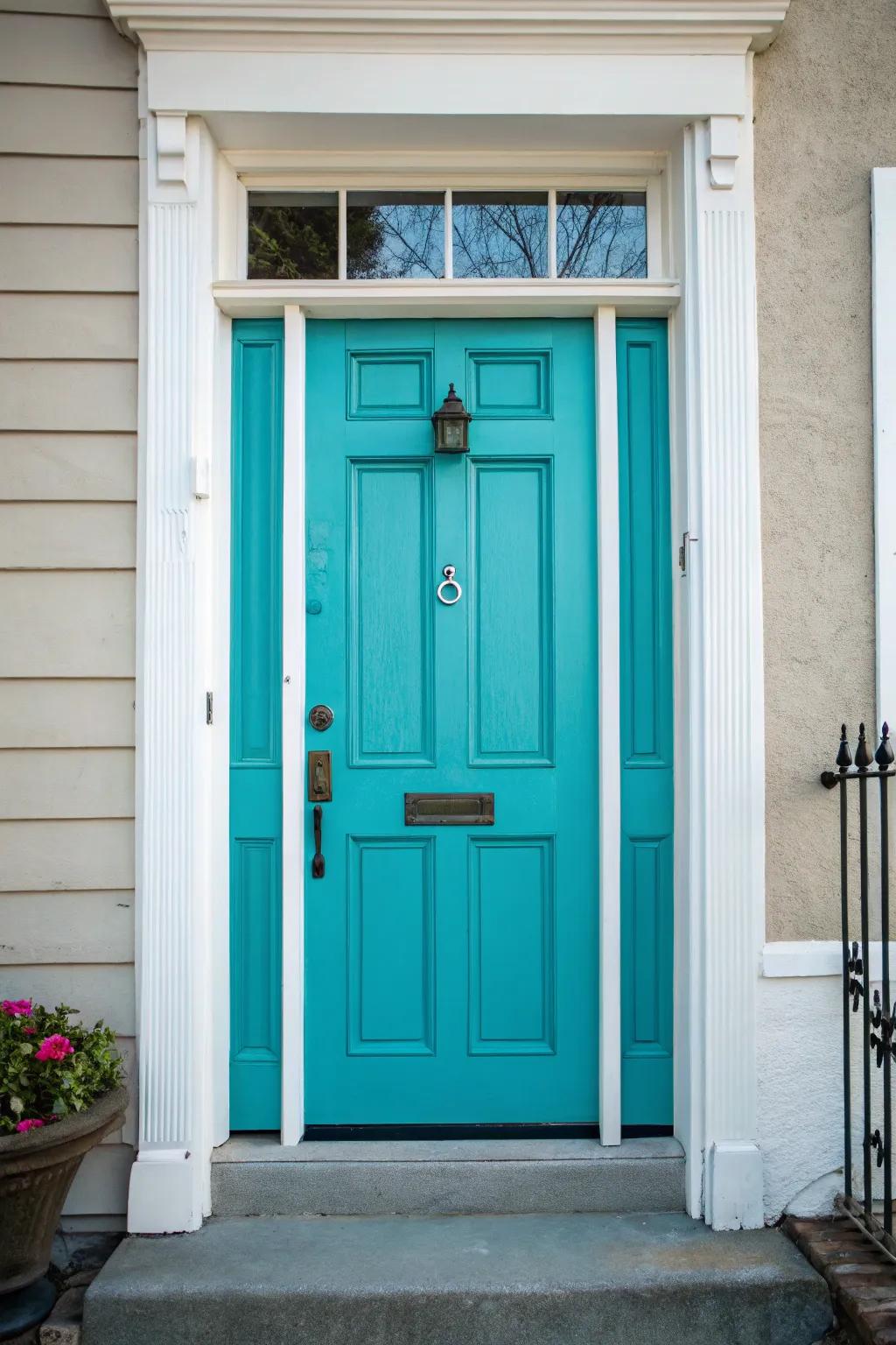 A vibrant teal front door with contrasting trim.