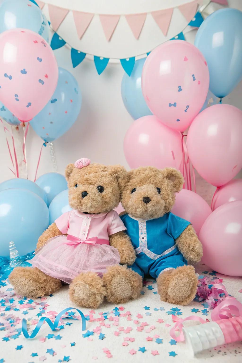 Teddy bears add an adorable and whimsical touch to the gender reveal decor.