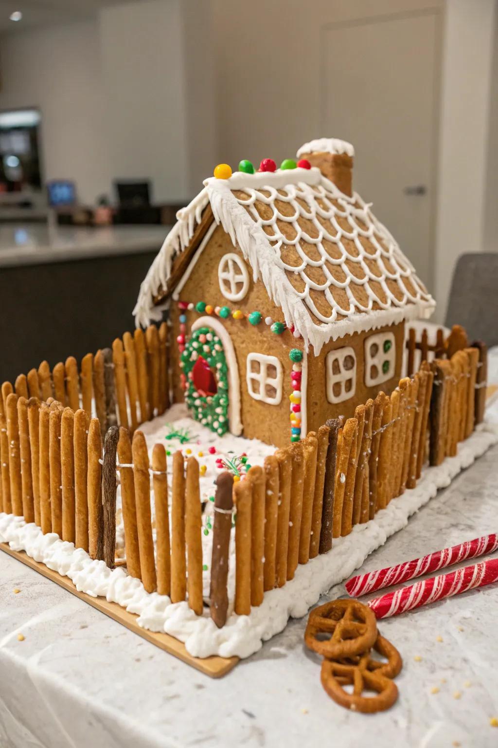 A gingerbread cottage showcasing a charming snack log enclosure.