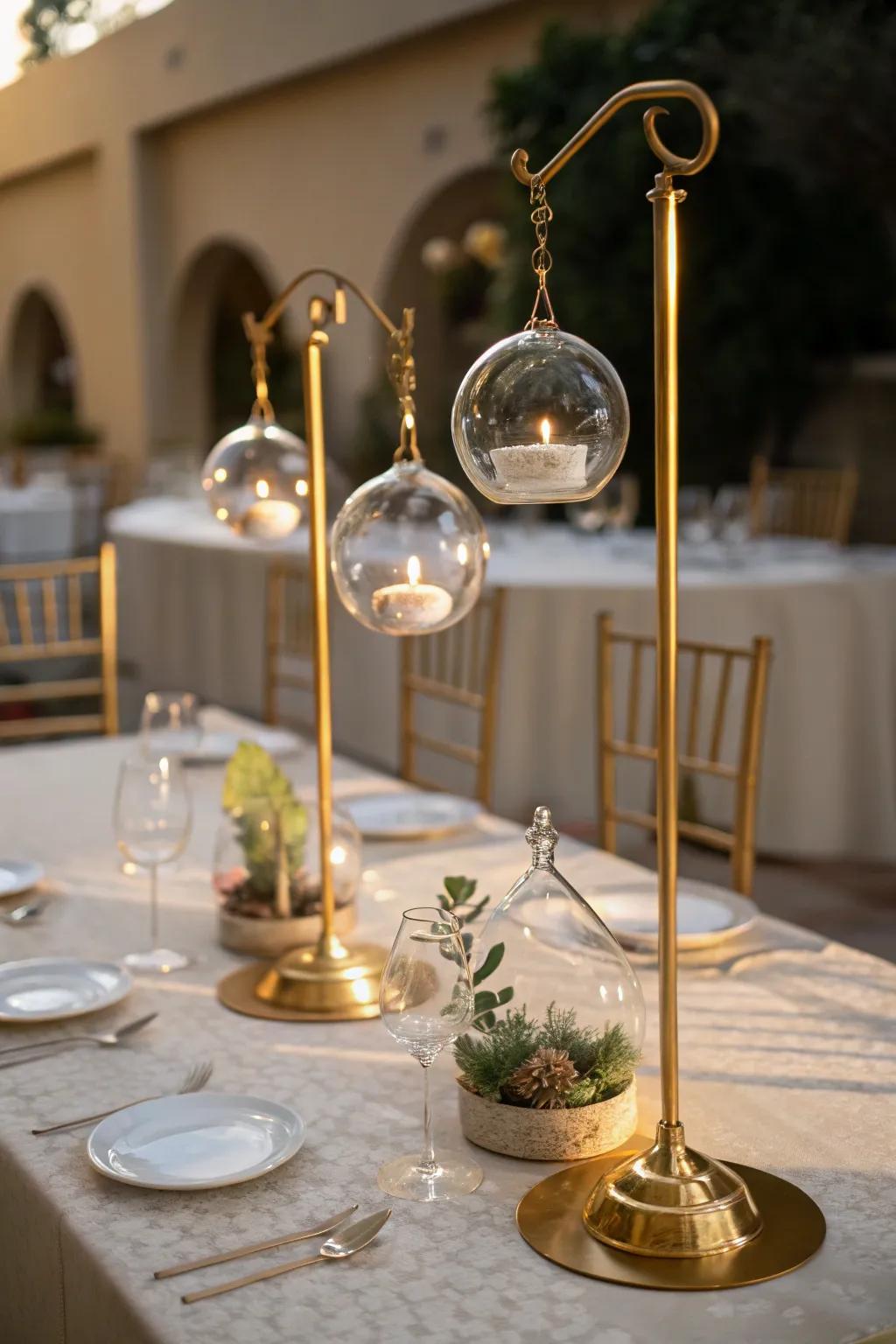 Enchanting golden stands featuring suspended glass spheres.