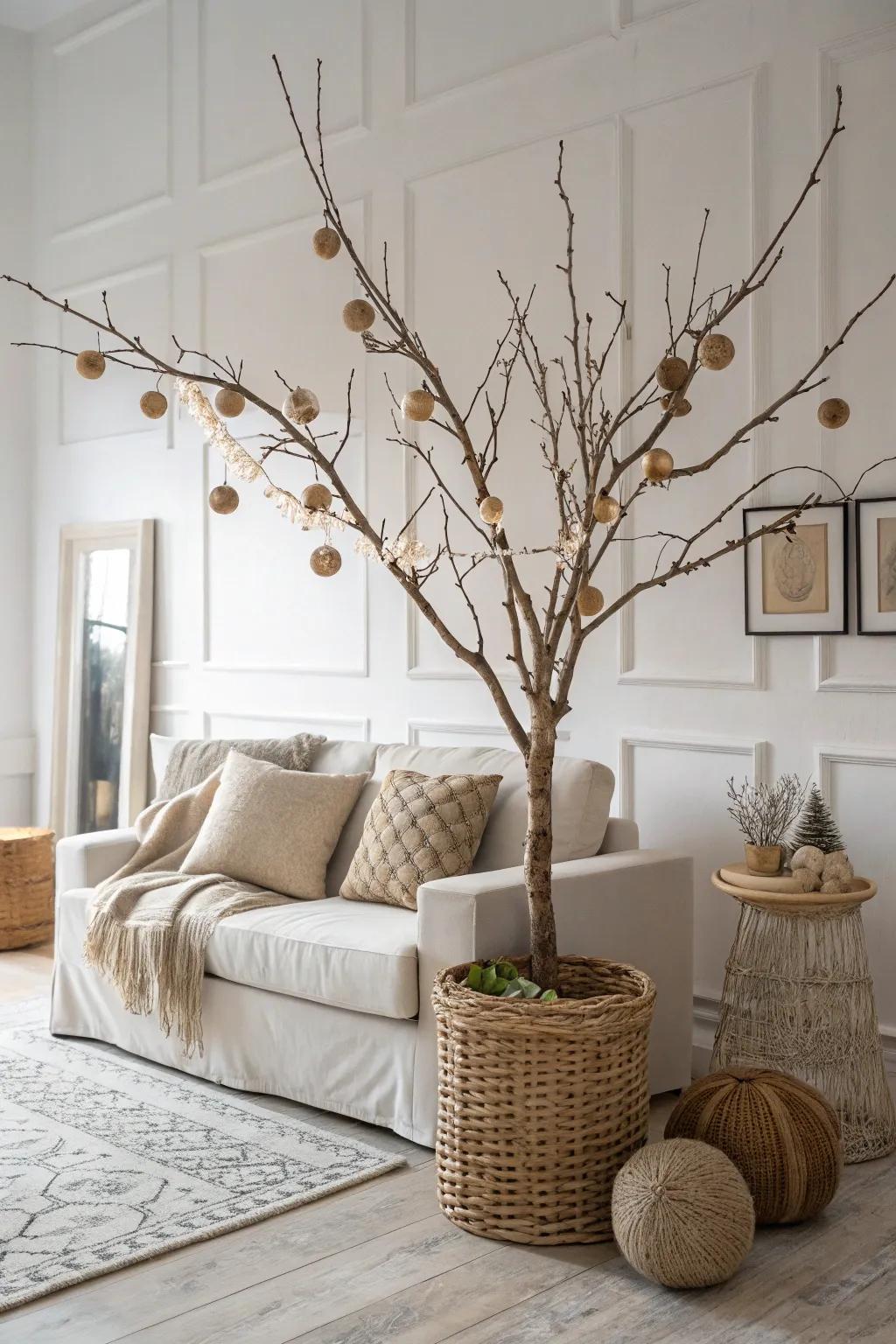 A grapevine tree characterized by neutral tonalities, thereby introducing a dash of sophistication.