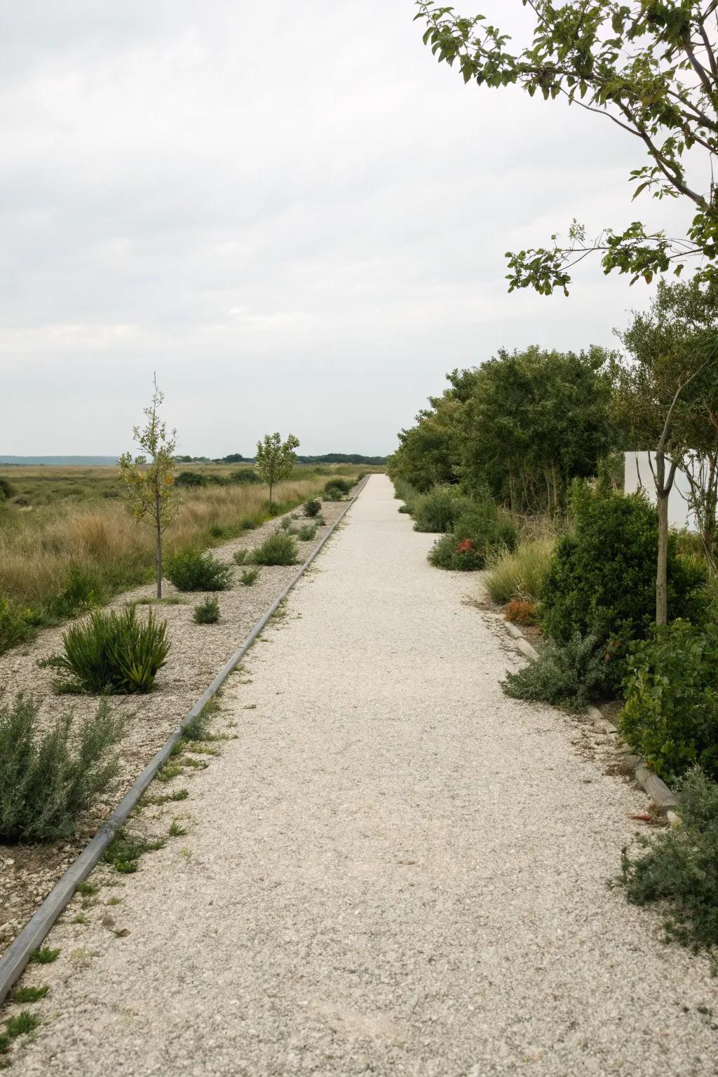 A minimalist gravel path offers simplicity and elegance.