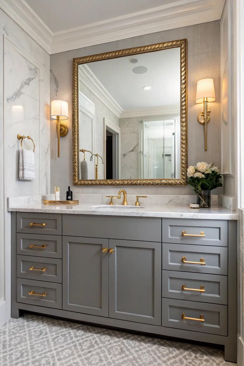 A glamorous bathroom with a gray vanity and metallic accents.