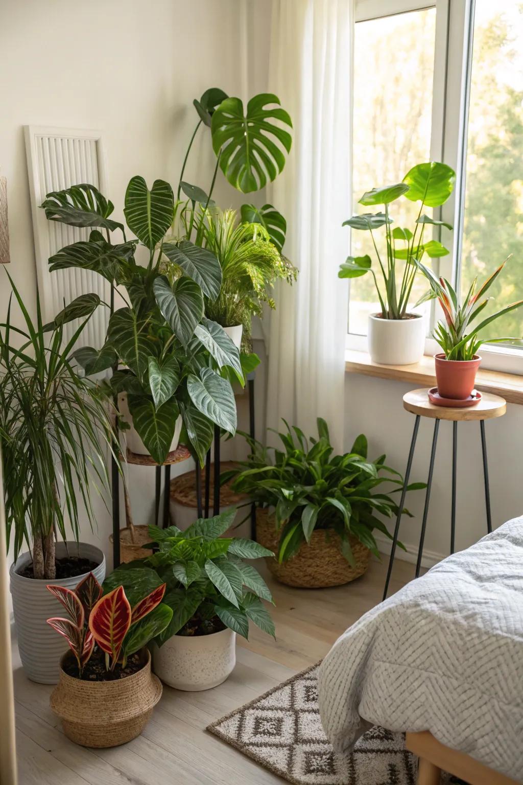 Indoor plants introduce natural freshness and vibrancy to this green-themed bedroom.