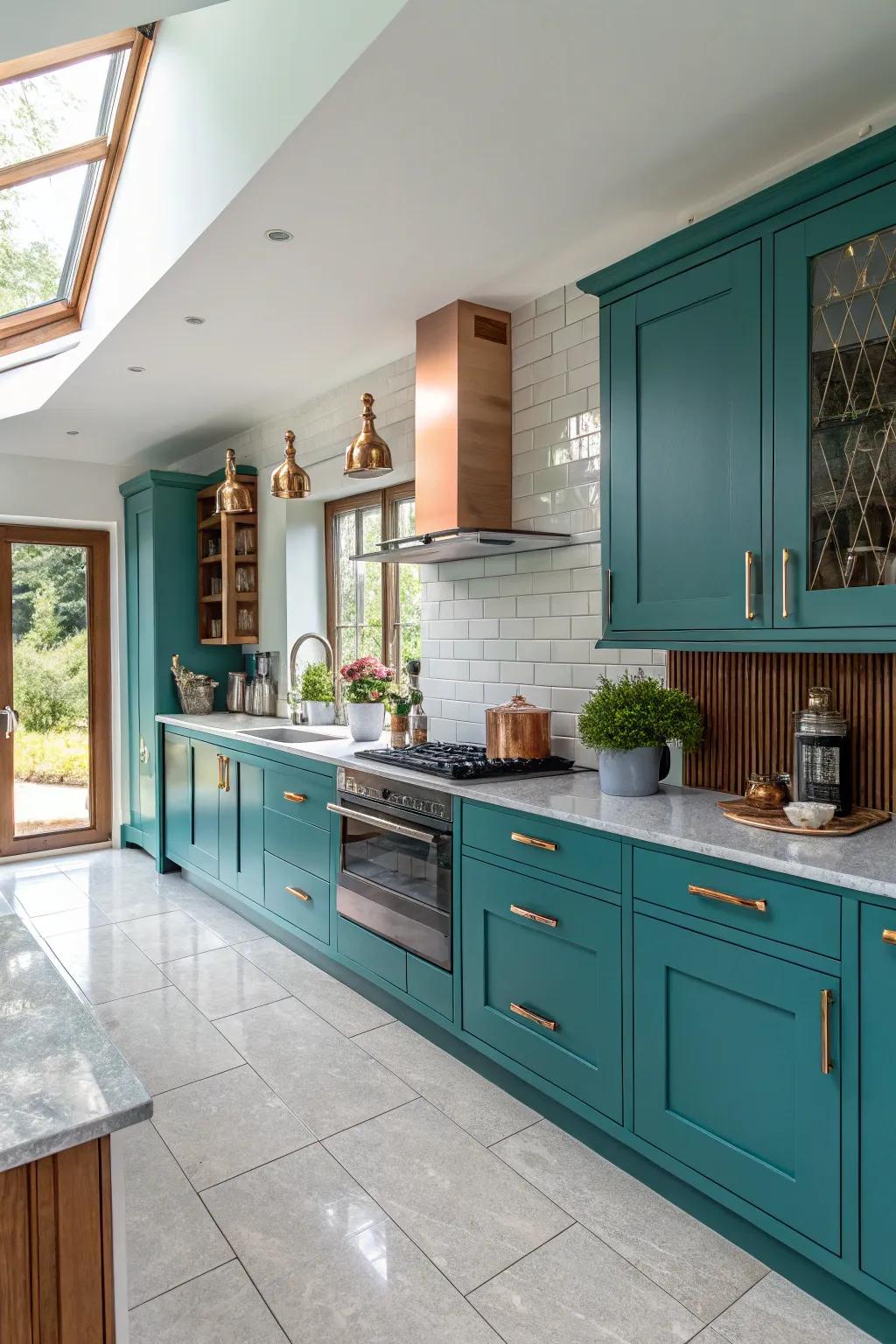 Unique kitchen with teal cabinets and stylish copper accents.