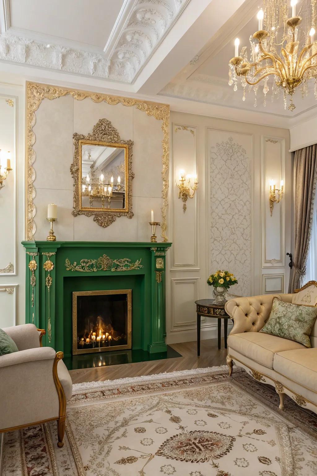 A glamorous living room with a green fireplace and gold accents.