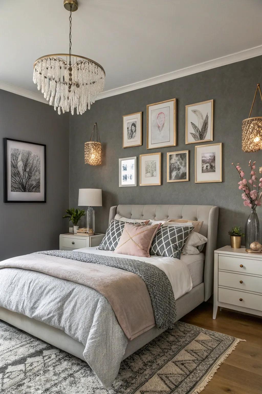 Art pieces breathe life into this grey accent wall.