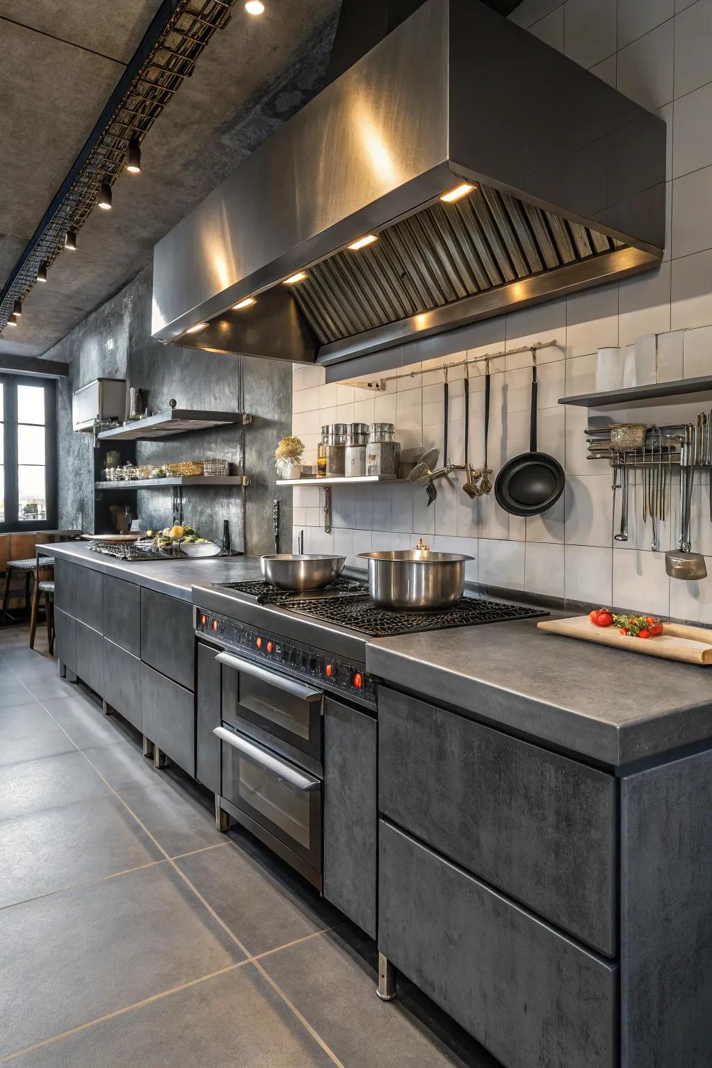 Industrial kitchen featuring striking dark grey countertops.