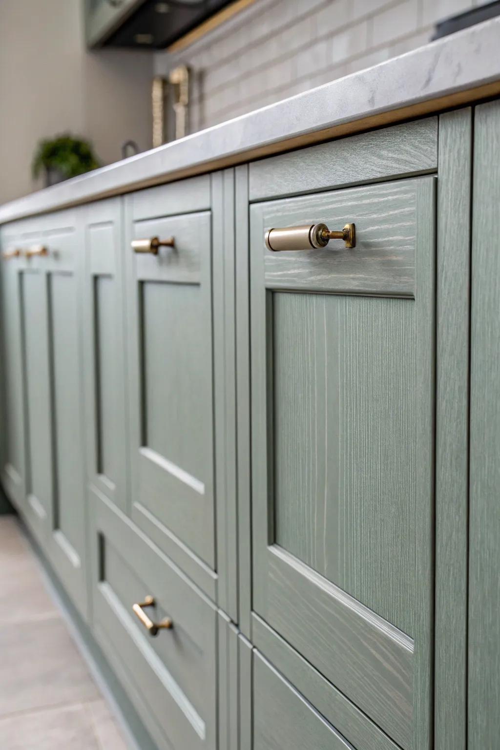 Minimalist hardware enhances the sleek design of grey-green cabinets.