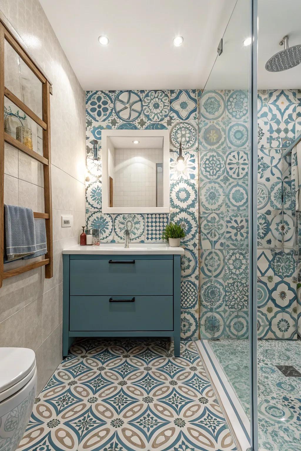 This bathroom is given character by creative tile patterns.