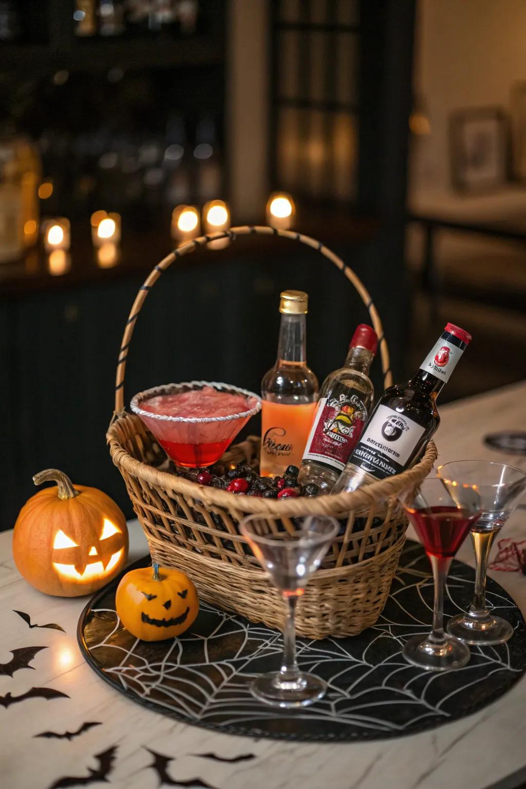 A mini bar in a basket for Halloween cocktail enthusiasts.