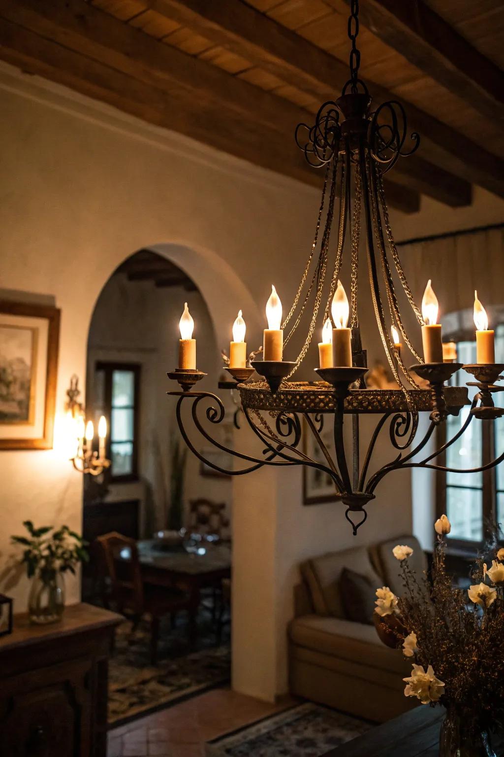 Candle-like bulbs generate an eerie glow, ideal for Halloween.