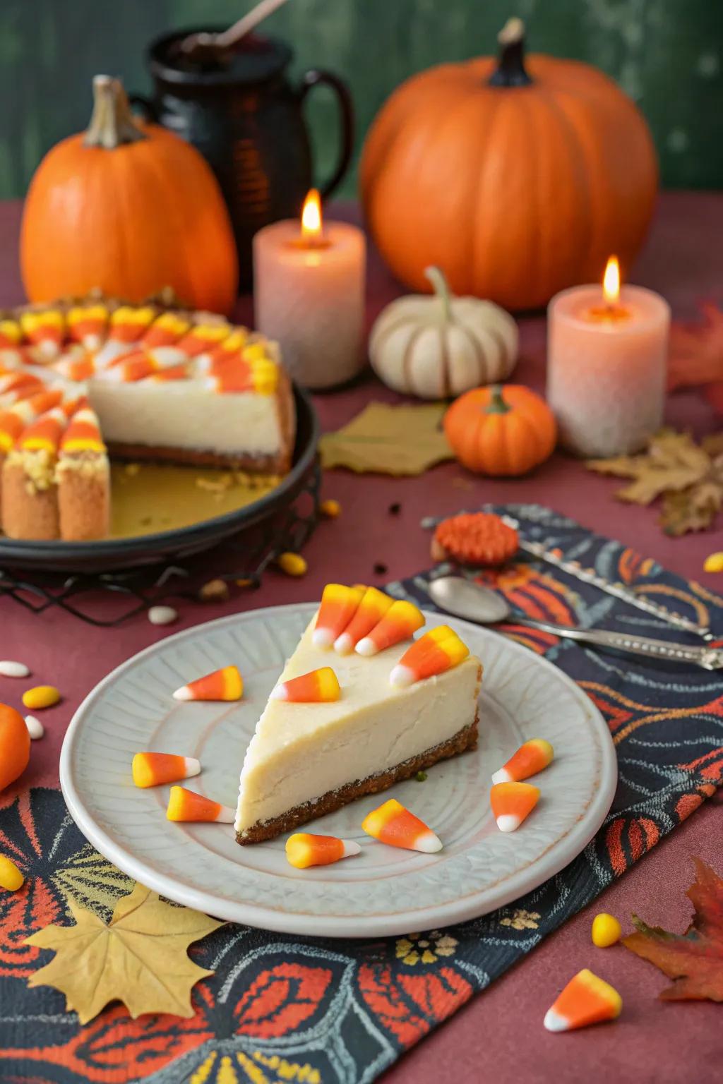 Candy corn adds a classic touch to this festive cheesecake.