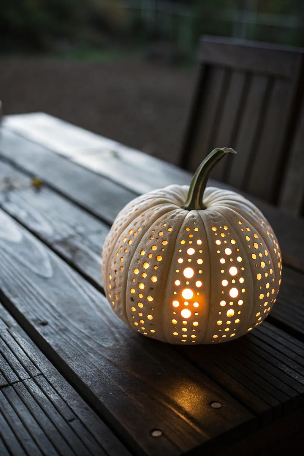 Elegant dot patterns transform pumpkins into stunning lanterns.